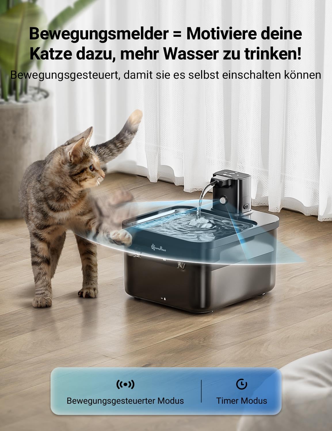 DownyPaws 2.5L Trinkbrunnen für Katze Kabellos, Katzenbrunnen Kabellos mit Bewegungsmelder, Batteriebetrieben Katzentrinkbrunnen, 4000mAh, Leise Wasserpumpe, Tablett aus Edelstahl für Katze, Schwarz 2