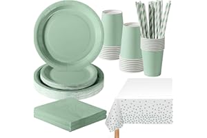 PYAILI 121 Pcs Sage Green Party Tableware Set, Paper Plates Cups Napkins Tablecloth, Dinnerware Set for Kids Adult Birthday,W