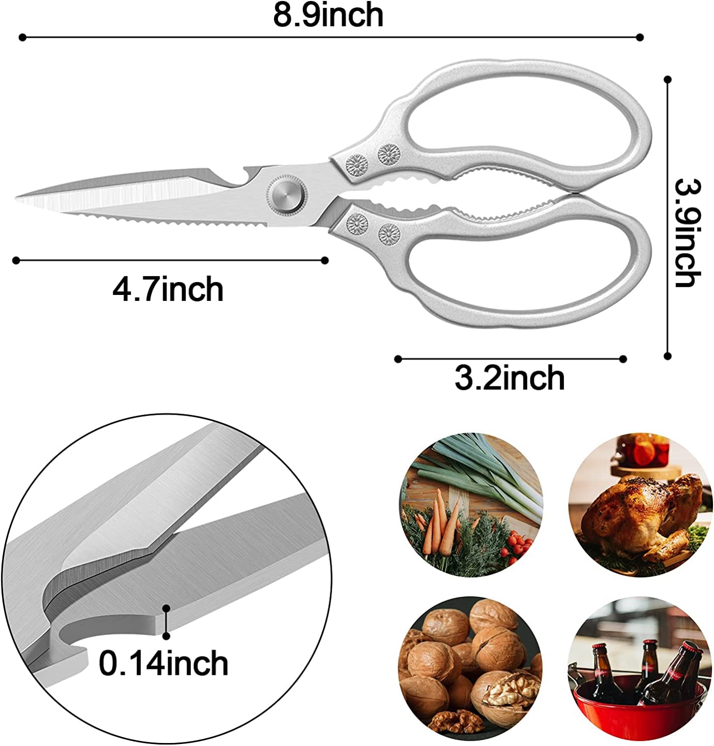 CGBE Küchenschere, Haushaltsschere aus Edelstahl, Strapazierfähig, Spülmaschinenfest, Allzweckschere, Scharfe Kochschere für Küche, Huhn, Geflügel, Fisch, Fleisch, Kräuter, Silber 3