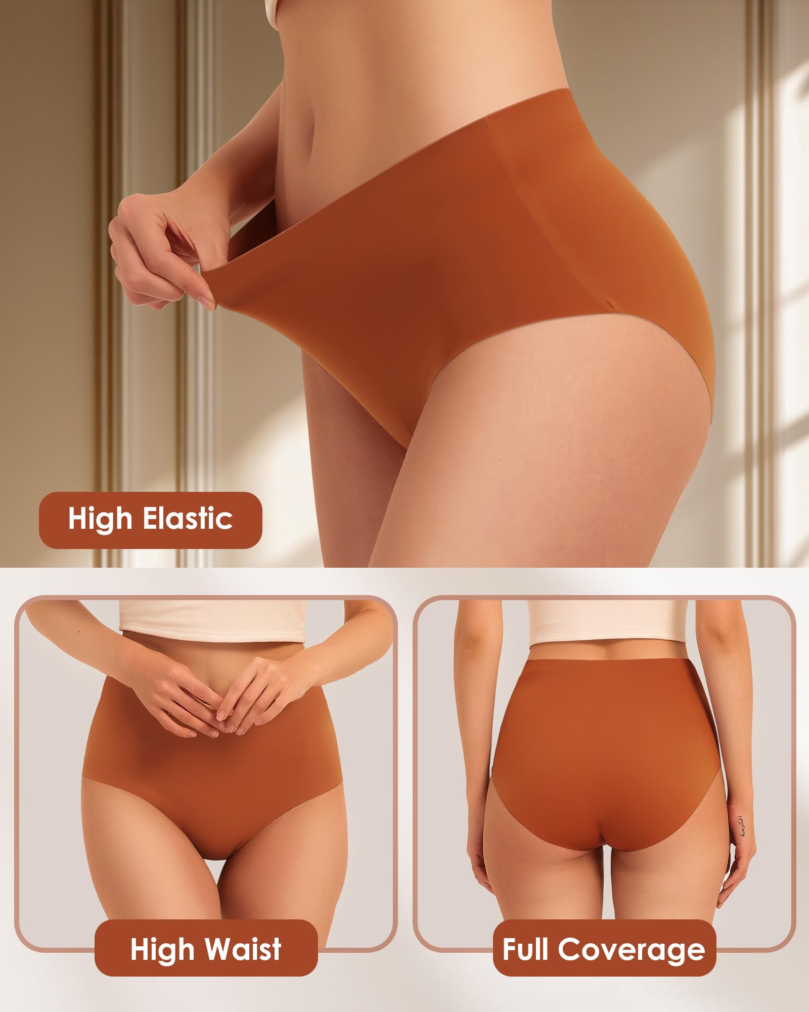 Kalapa Womens Underwear Seamless Full Coverage Breathable Briefs No Show Silky Stretch High Waisted Ladies Panties 6 Pack