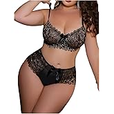 OYOANGLE Women's Plus Size Sexy 2 Piece Lingerie Set Floral Lace Sheer Underwire Bra and Panty Set Babydoll Outfits
