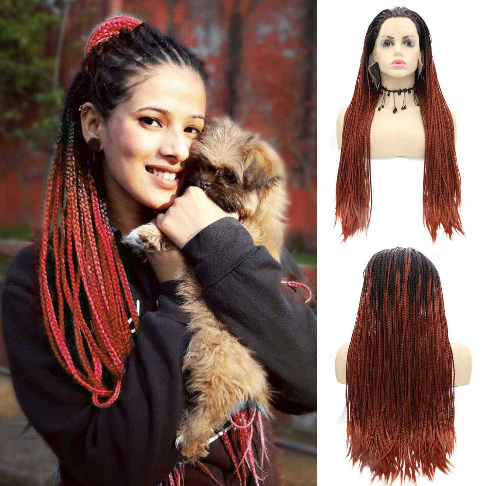 Long Box Braided Wigs for Women Copper Red Ombre Dark Brown Cornrow Hand Tied Braids Realistic Wig Synthetic Colorful Micro Braided Wig Glueless Heat Resistant Fiber Hair Cosplay Daily Drag 26Inch