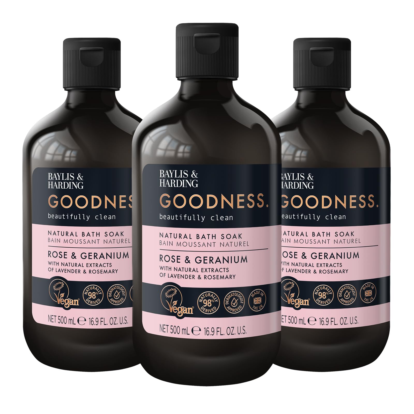 Baylis & Harding Goodness Rose & Geranium Natural Bath Soak, 500 ml (Pack of 3) - Vegan Friendly