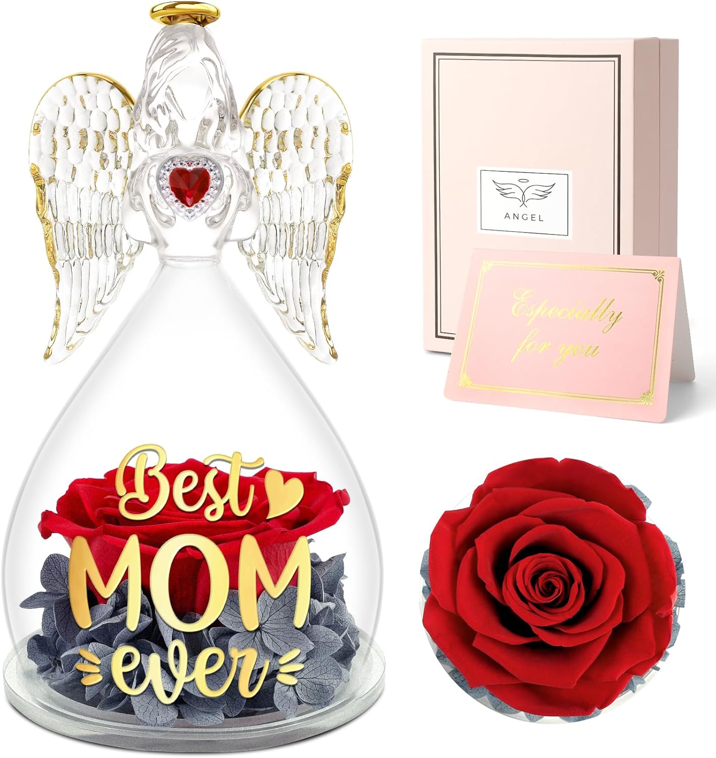 Dried & Preserved Flora - Sunia Preserved Flowers Rose Birthday Gifts for Women Mom, Glass Angel Figurines Gifts for Mom from Daughter Son, Rose Flower Gift for Mothers Day Christmas Thanksgiving Wife Anniversary Valentine's