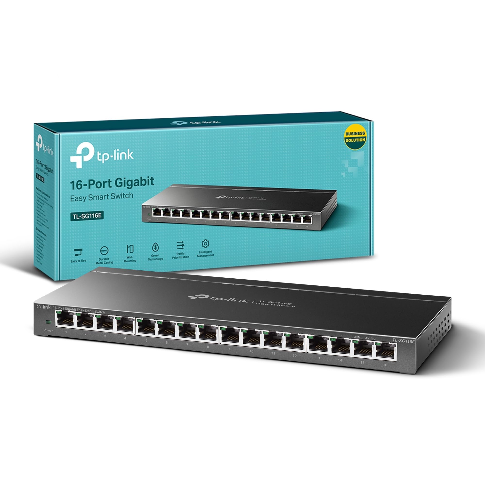 TP-Link TL-SG116E 16-Port Managed Network Switch, Gigabit Ports, Plug and play Ethernet Splitter, QoS VLAN IGMP Snooping, Intelligent Network Management Through Web Interface, Durable metal casing