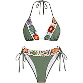 ZAFUL Women's Triangle Halter Bikini Set Crochet Boho Floral Swimsuit Cut Out Tie Side Two Piece Bathing Suit