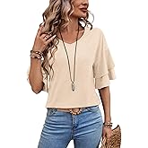 FUNBANG Womens Blouses Ruffle Short Sleeve T Shirts V Neck Double Tiered Bell Outfit 3/4 Sleeve Tops Fashion Clothes