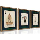 Framed Vintage Golf Wall Art Set of 3, Navy Plaid Playing Card Prints, Retro Classic Golfer Canvas Wall Decor, Preppy Americana Sports Painting Picture for Living Room Home Office 12x16 inch
