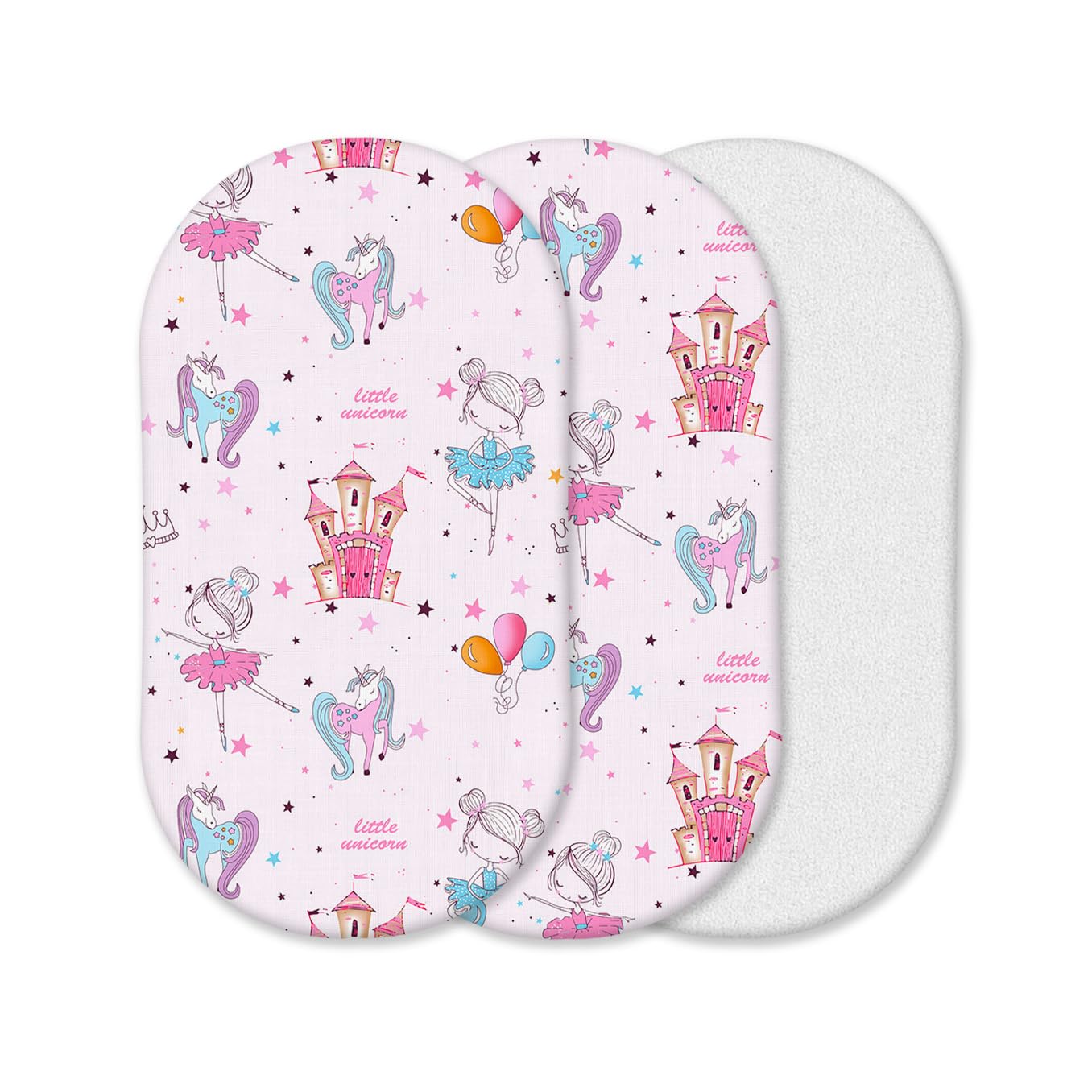 3 Pack Moses Basket Fitted Sheets | 2 Pcs 100% Cotton Fitted Sheets, 1 Waterproof Mattress Protector | Oeko-tex 100 Breathable, Soft & Antiallergic (Baby Pink Princess, 75 x 30 cm)