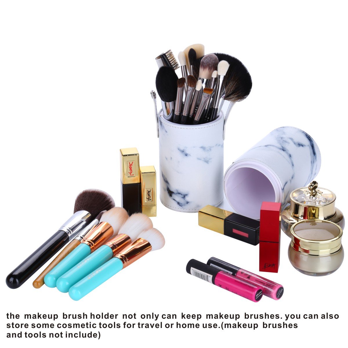 Makeup Brushes Holder Large Capacity Traveling Marble Make Up Brush Case Organizer Cosmetic Cup Cylinder Storage Box Bag Vegan Pu Leather Round(white) : Beauty