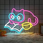 APUDWN Cat Reading Book Neon Sign, Adorable Cat Neon Light for Bookstore Library Classroom Bedroom Wall Decor, USB Dimmable LED Sign Party Birthday Gift for Girls Students Book Lovers