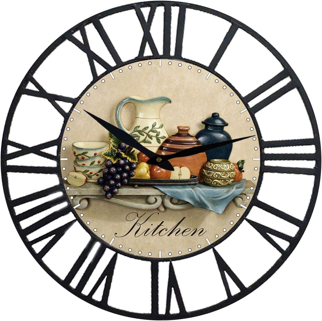 Upuptop Modern Home Decor Quiet Sweep Movement Kitchen Round Wood Wall Clock Fruit Ceramics 16inch