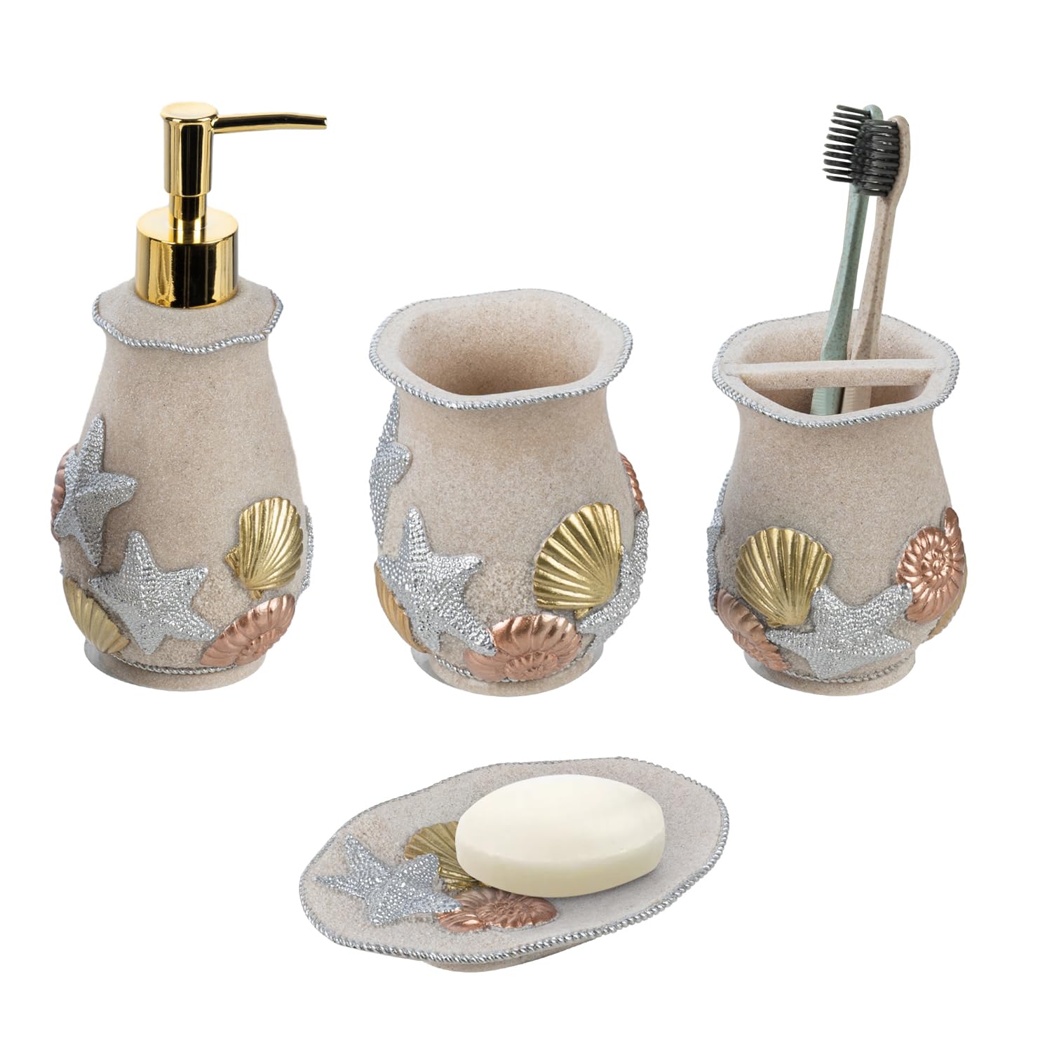Photo 1 of **the photo is only to the reference** MyGift 4 Piece Coastal Cape Cod Bathroom Accessories Set Embossed Seashell Starfish Design, Includes Soap Dish, Tumbler Cup, Toothbrush Holder, and Pump Dispenser
