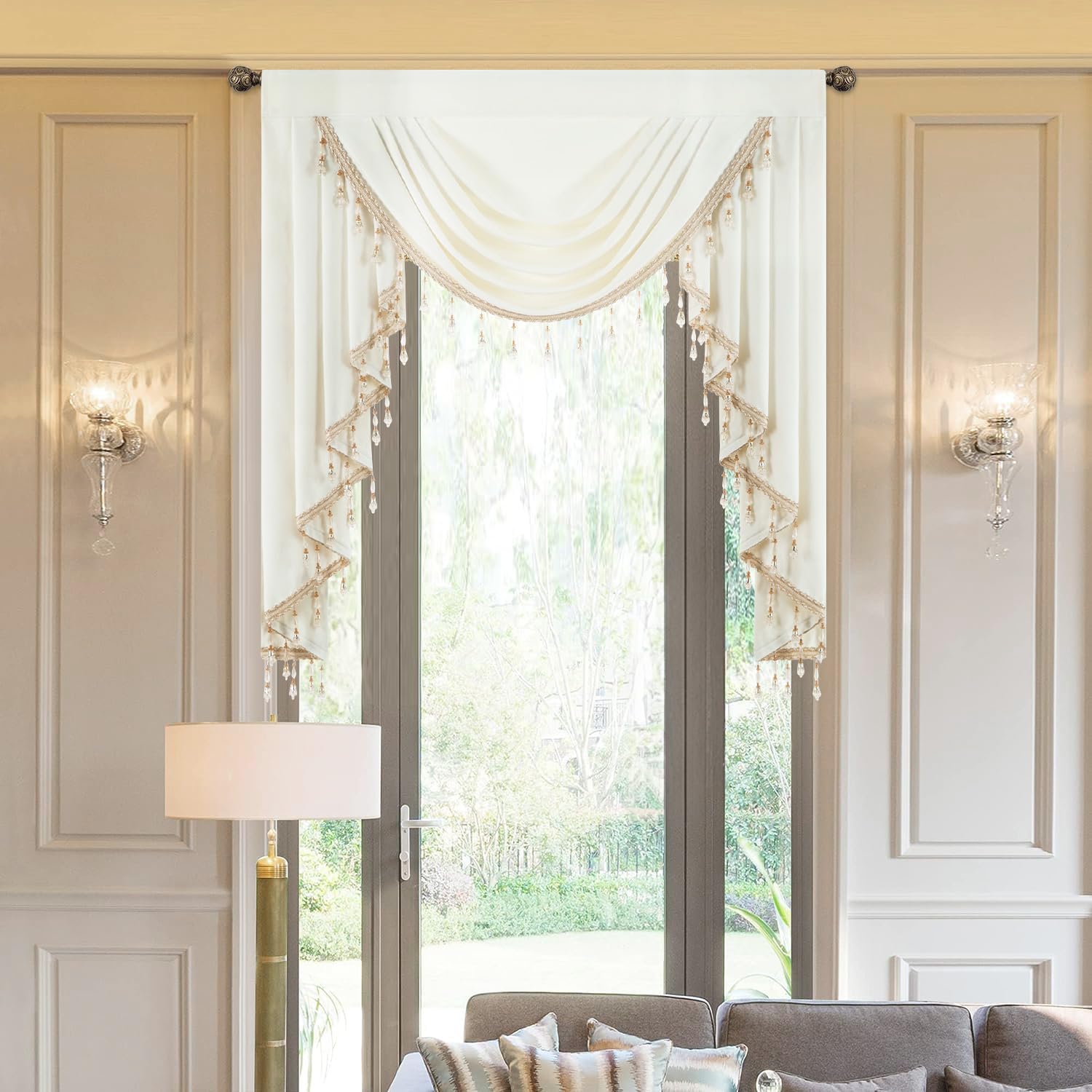 Photo 1 of VOGOL White Velvet Swag Valances, Luxury European Style Waterfall Valance Widow Treatment with Bead Tassels, Soft Touch Privacy Curtains for Living Room, 39 Inches Wide, 1 Panel