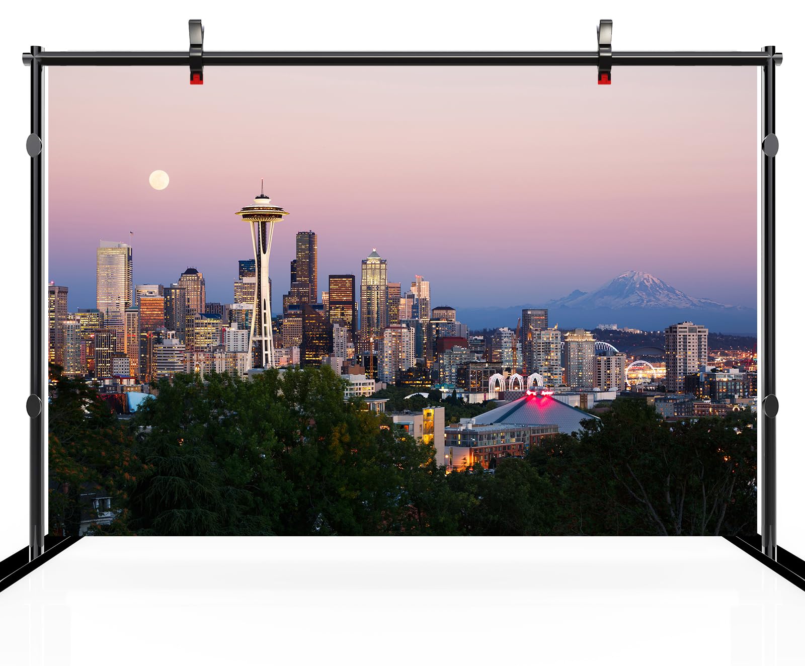 Photo 1 of CHNYWORK 7ftx5ft USA Seattle Backdrop America Skyscraper City Night Scene Skyline Sunset Scenery Background United States Travel Theme Birthday Wedding Party Decor Photo Studio Props Wallpaper