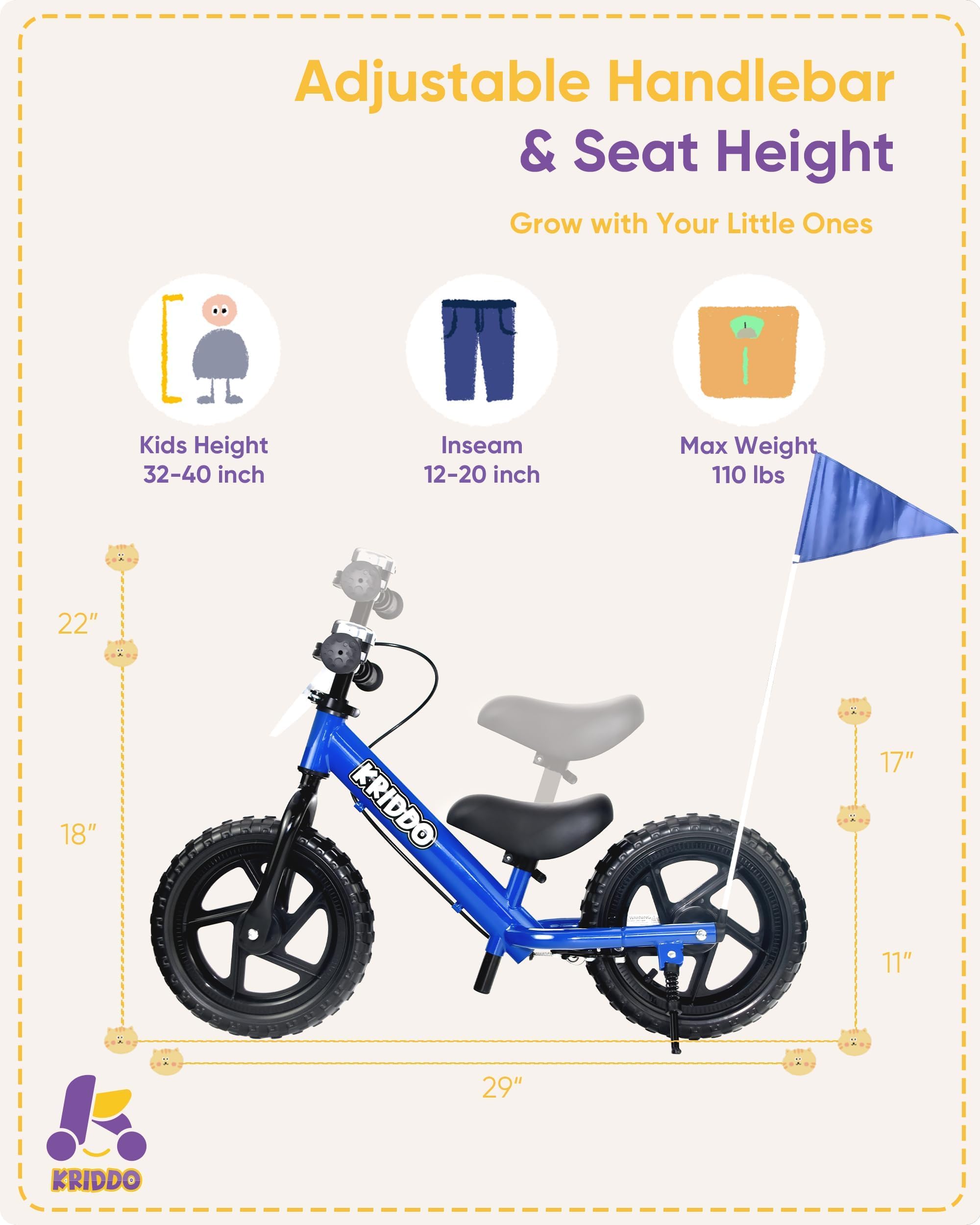 KRIDDO Pro Toddler Balance Bike 2+ Year Old with Hand Brake and Kickstand, 12 Inch Push Bicycle, Gift Bike for 2-5 Boys Girls, Blue