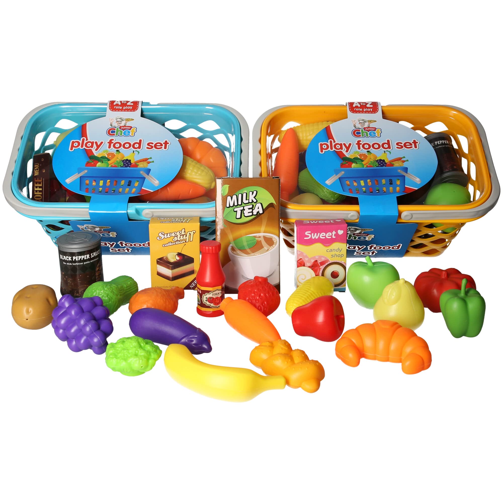 Kids Play Food Set with Shopping Baskets, 20+ Pieces, Fruits Vegetables and Groceries, Educational Pretend Kitchen Toys, Yellow