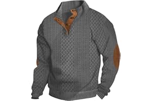 Men's Cable Knit High Collar Pullover, Vintage 1/4 Button Collar Sweater with Elbow Patches, Casual Long Sleeve Stand Collar