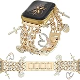 YONWORTH Cuban Chain Band Compatible with Apple Watch Bands 38/40/41/42/44/45 46 49mm Women,Bling Diamond Chain Dressy Metal Wristband Cute Charms Pendants for iWatch Series 10 9 8 7 6 5 4 3 SE Ultra