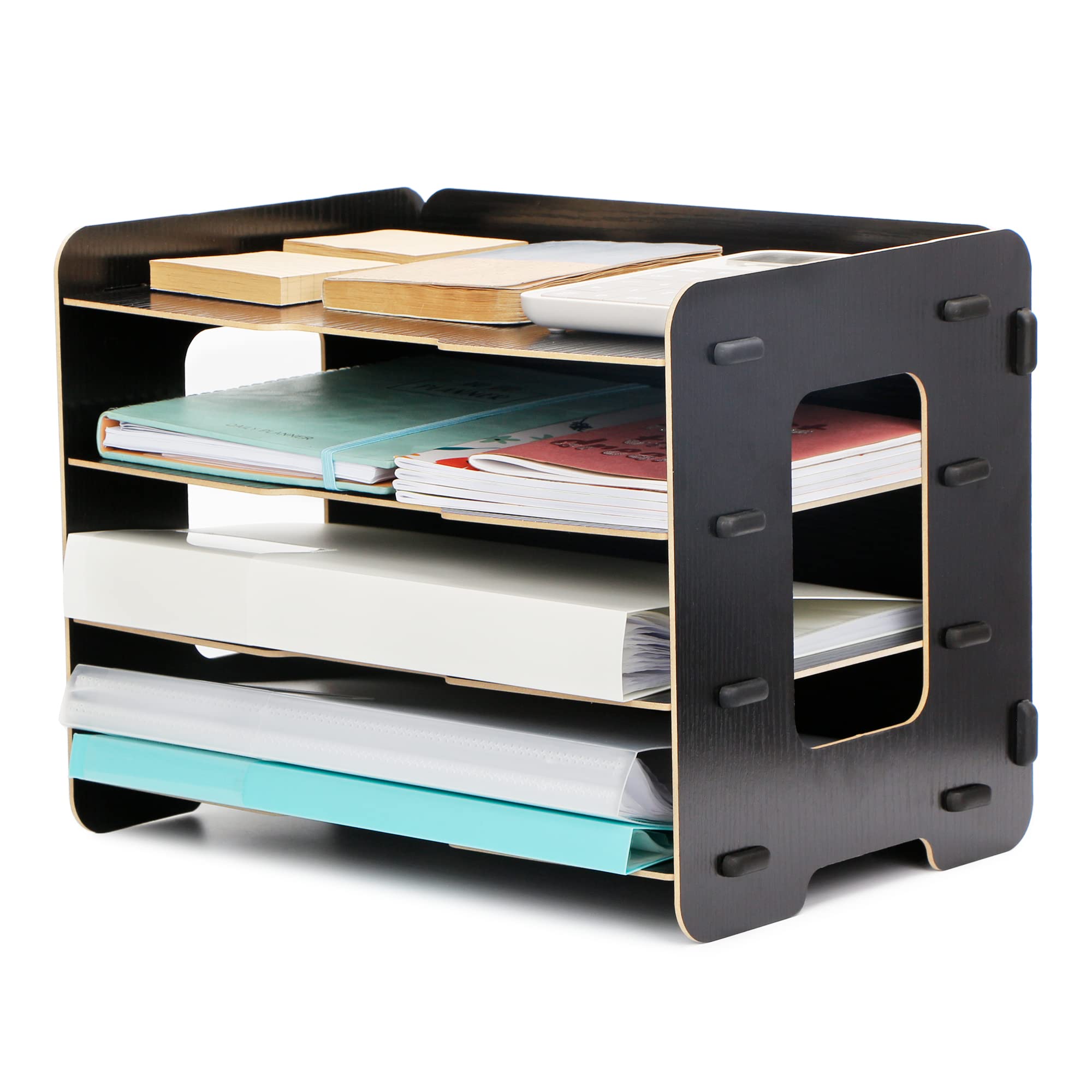 EXERZ 4 Tier Wooden Letter Tray Desk Organiser A4 – Desktop Paper Tray & Document File Organiser for Office, Home & School – Easy Assembly MDF Desk Storage Rack - Black