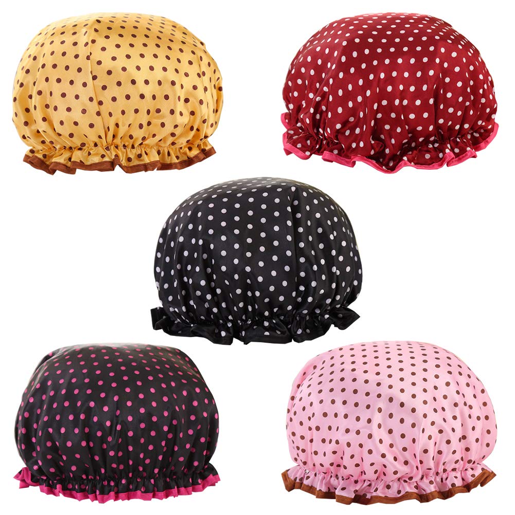 SRTYZ 5PCS Shower Cap Reusable Double Layer Elastic Band Shower Hat Waterproof with Polka Dot Pattern Women’s Spa Bath Cap with Ruffled Edge Covering Ears Bathing Accessories Keeping Long Hair Dry