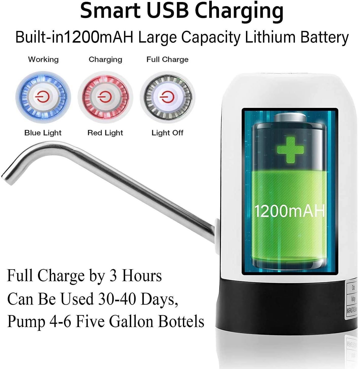 Water Bottle Pump 5 Gallon Water Bottle Dispenser USB Charging Automatic Drinking Water Pump Portable Electric Water Dispenser Water Bottle Switch (White) - - 