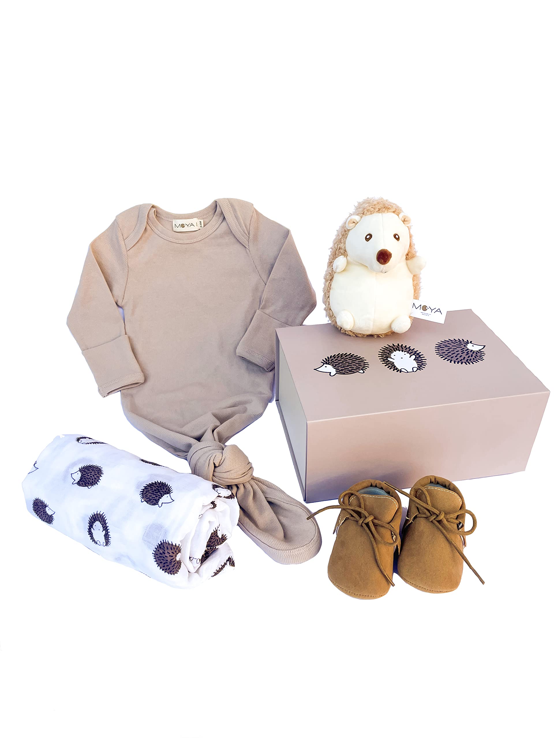 MOYA Baby Gift Box – Newborn Keepsake Box for Boy and Girl, Baby Clothes, Knotted Gown and Swaddle Blanket, Baby Shower Gifts Set for Unisex in a Box and a Basket, Baby Welcome Box, Baby Registry.