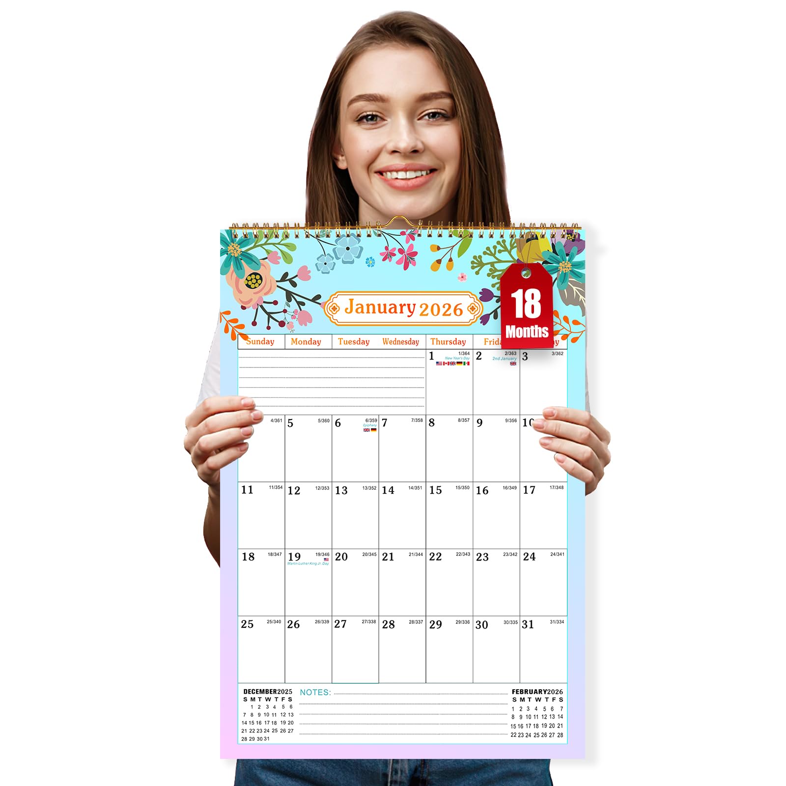 Wall Calendar 2026 UK, 2026 Calendar Family Planner A3, 18 Month 2026 calendar Month to View, Wall Planner 2026 calender from Jan. 2026 – Juni 2027 for Family Kitchen Home - Vertical — image 1
