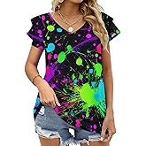 Glow in Dark Splatter Neon Women's Short Sleeve Shirt Tops Loose V-Neck Ruffle Tees Summer Beach Blouses
