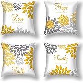 Tatuo 4 Pcs Flower Pillow Covers Square Winter Pillow Cushion Cases 18x18 Inch, Family Faith Hope Love Words Decorative Spring Summer Cushion Case for Bed Couch Sofa Living Room(Yellow Silver Series)