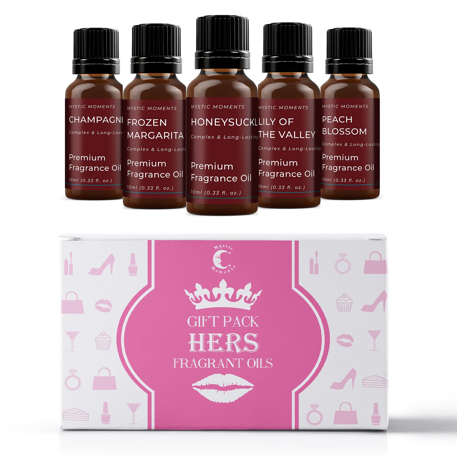 Mystic Moments | Hers Fragrant Oils Gift Starter Pack | 5 x 10ml | Champagne, Frozen Margarita, Honeysuckle, Lily of The Valley, Peach Blossom | Rich Long-Lasting Scents