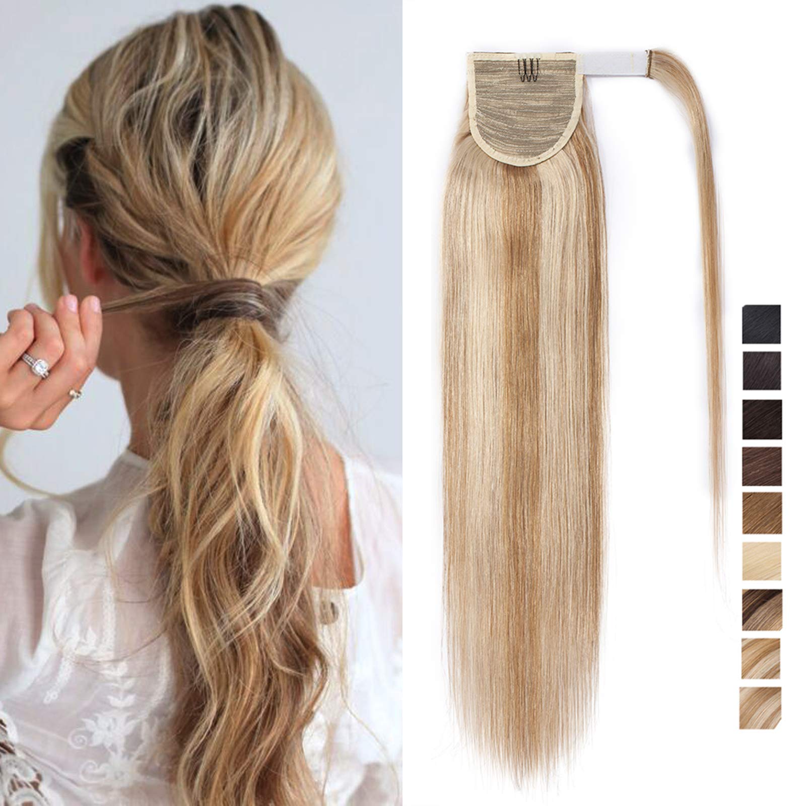 14 inch SEGO Wrap Around Ponytail Extension Human Hair 100% Real Remy [#18P613 Ash Blonde&Bleach Blonde] One Piece Clip in Hairpieces for Women Straight (80g)