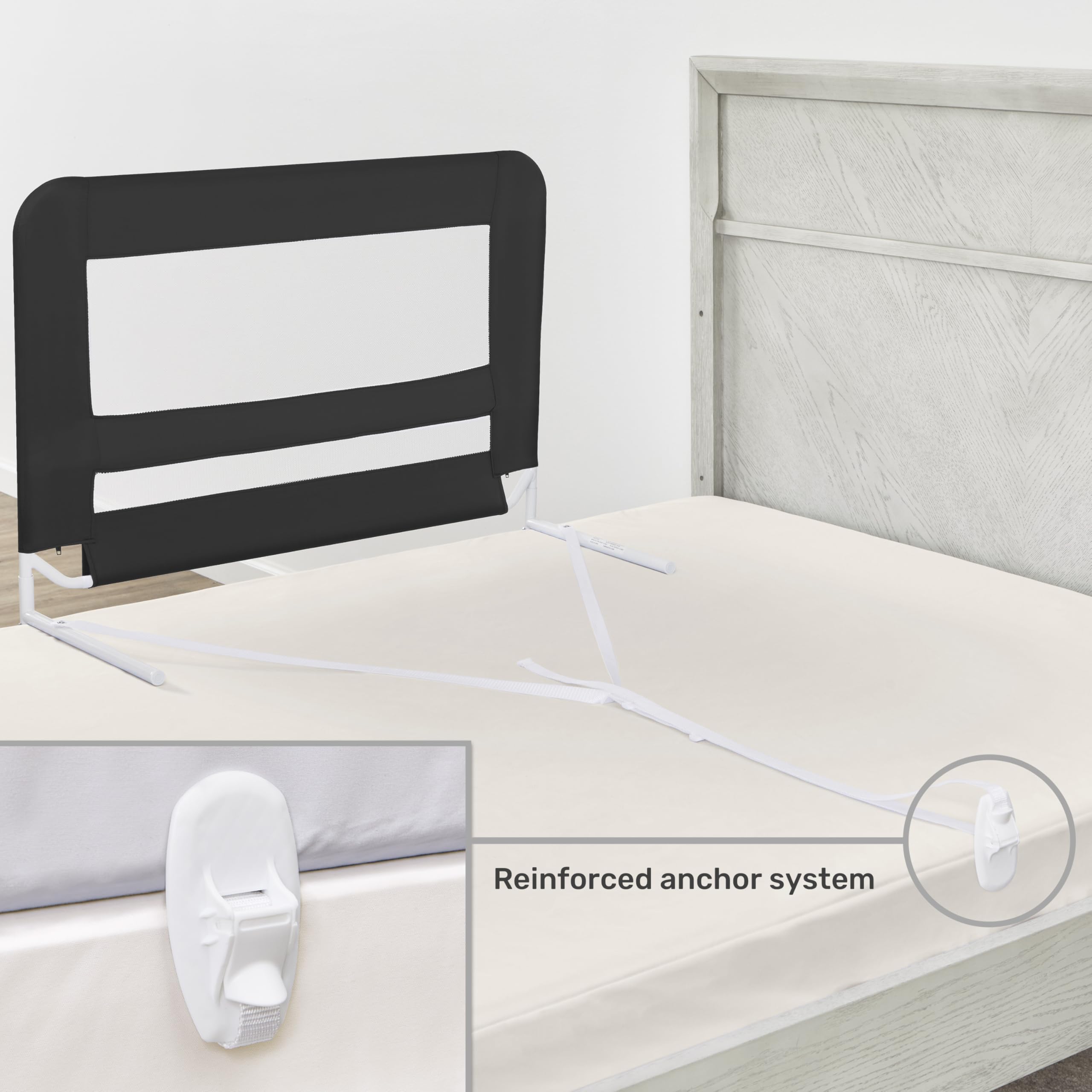 Dream On Me Mesh Security Bed Rail – Toddler Safety Guard with Breathable mesh, Reinforced Anchor System, Lightweight, Portable, fits Adult Twin-Size beds, Black