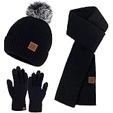 Qlauca Winter Knitted Hat Scarf Touchscreen Gloves Set Soft Warm Beanie Scarves for Women Men