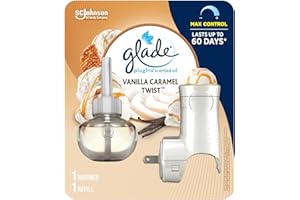 Glade PlugIns Air Freshener Kit, Scented and Essential Oils for Home and Bathroom, Vanilla Caramel Twist, 1 Warmer 1 Refill