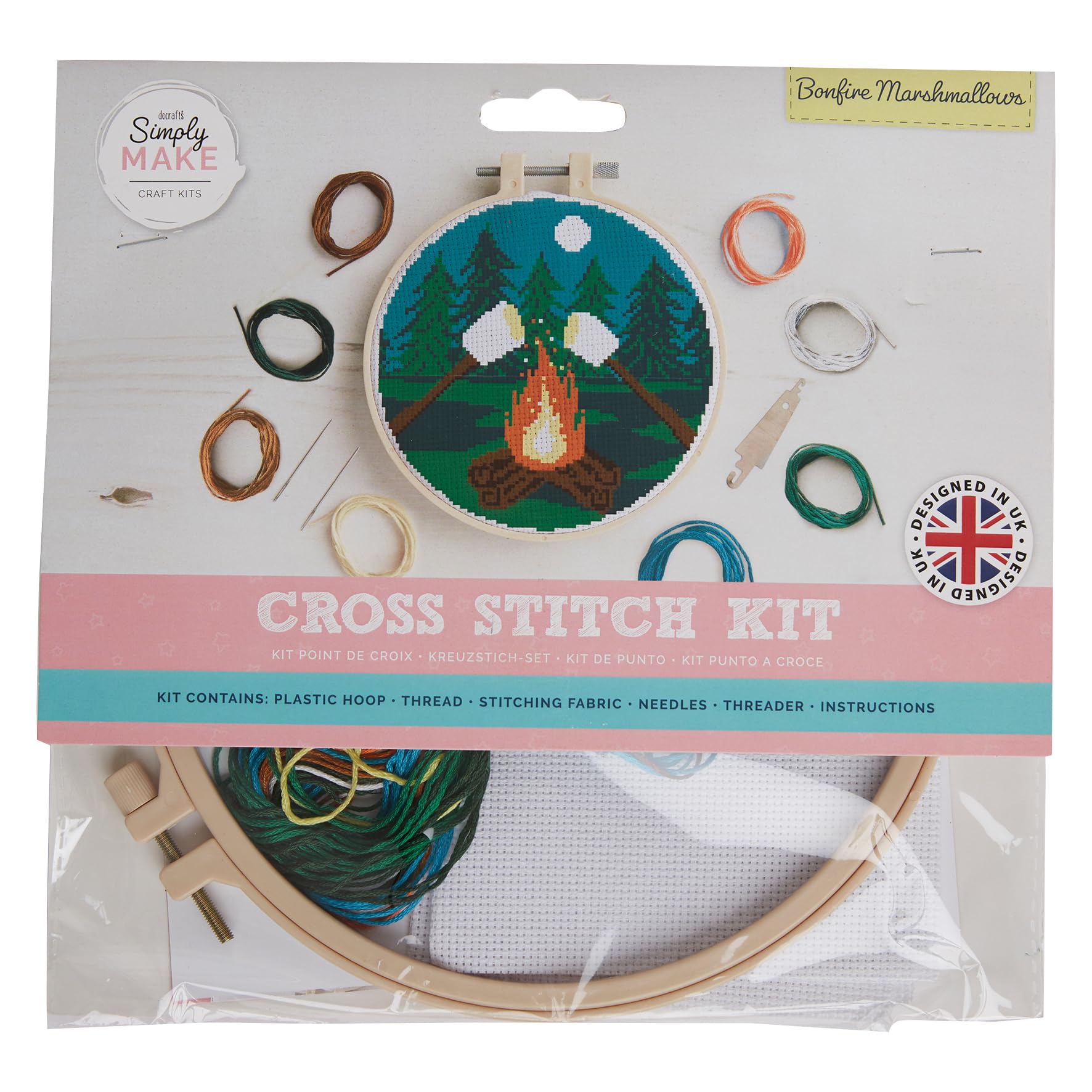 Simply Make Cross Stitch Kit - Bonfire Marshmallows for Kids and Adults, Including Hoop, Embroidery Thread, Fabric and Needle - Perfect for Adult Crafts and Beginners - Starter Cross Stitch Craft Kit — image 1