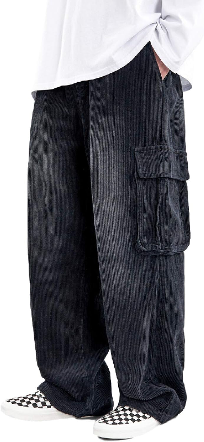Mens RelaxedFit Casual Trousers Elastic Waist Loose Wide Legs Lazy Style Corduroy Windproof