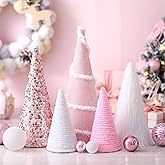 Marsui Set of 6 Valentine's Day Table Decor Pink White Cone Valentine's Day Trees with Velvet Glitter Sequins Plush Fur and Swirl Surface Modern Tabletop Centerpiece for Home Xmas Winter Holiday Decor