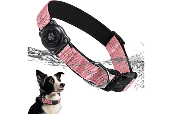 Upgrade Dog Collar with AirTag Holder, IP68 Waterproof, Pink, S | Built-in Water Resistant AirTag holder, 1000D Nylon, Reflec