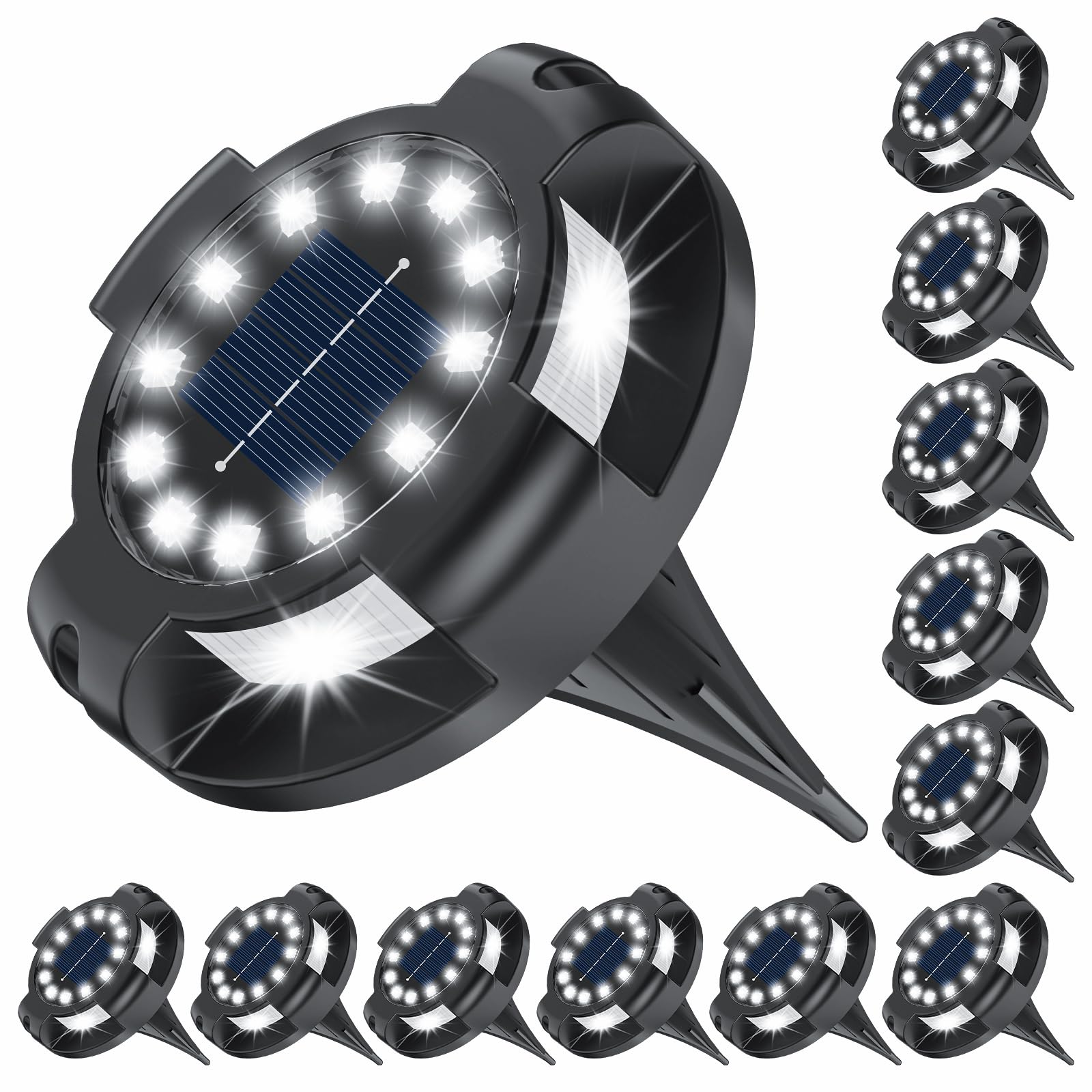 Solar Pathway Lights Outdoor 12 Packs, Bright White 16 LEDs Solar Ground Lights Walkway Lights with Side Light, Waterproof Solar Deck Light for Yard Walkway Garden Poolside Driveway Decorations