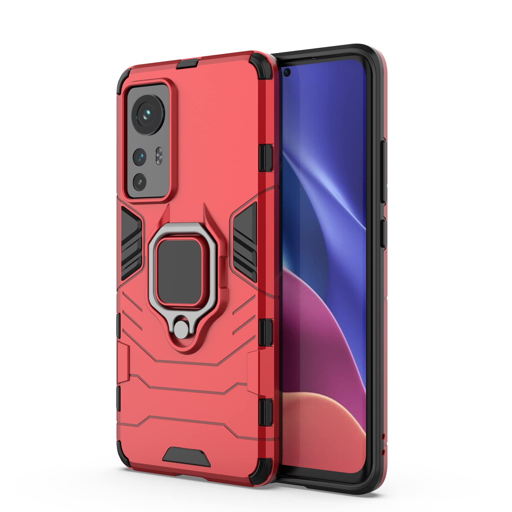 ESTH® Case for Xiaomi 12 5G/Xiaomi 12X 5G [360° Rotating Stand] [Military Grade Anti-Fall Protection] Cover Compatible with Magnetic Car Mount, Red