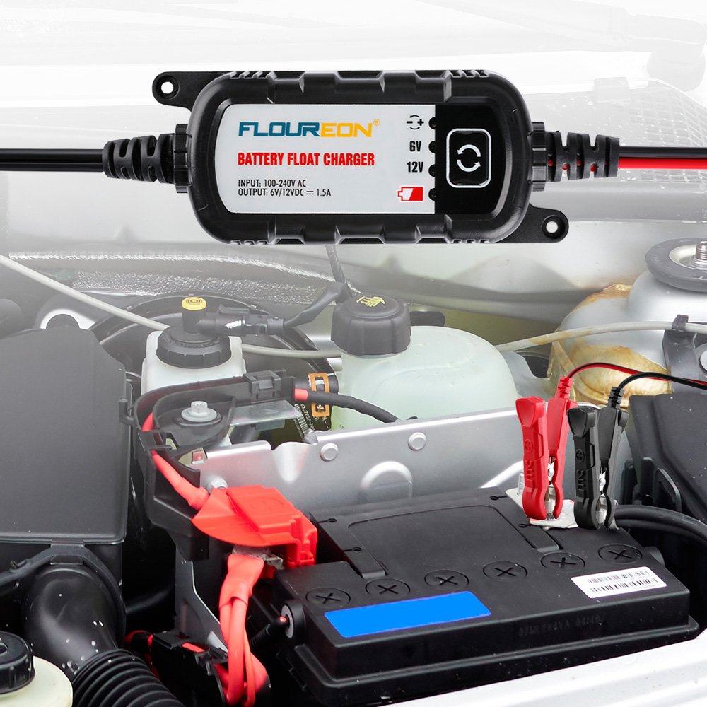 FLOUREON 1.5Amp 6V/12V Car Battery Charger and Maintainer with 5 Steps Fully Auto Detect Charging for Cars, Motorcycles, ATVs, RVs, Powersports, Boat, Rescue and Recover Lead Acid Batteries