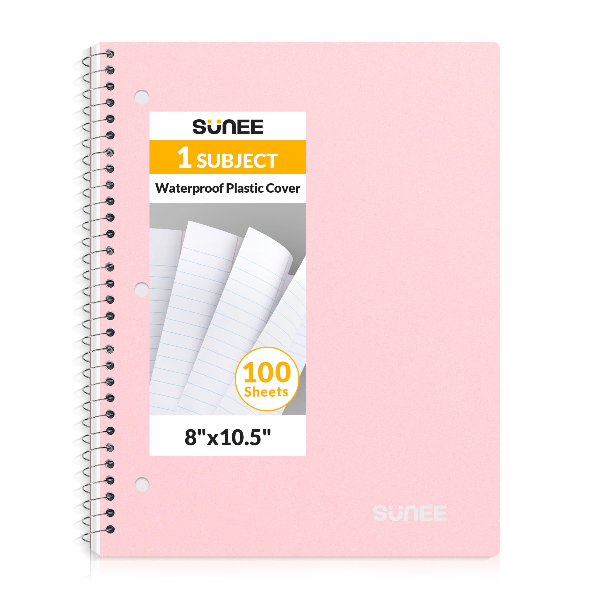 Photo 1 of SUNEE Spiral Notebook, 1-Subject, Wide Ruled Paper, 8" x 10-1/2", 100 Sheets per Notebook, 3-Hole Punched Paper, Water Resistant Cover, Double-sided Pockets, Spiral Lined Notebooks for School, Pink