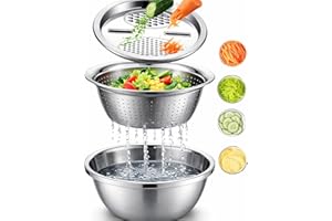 Multifunctional Stainless Steel Basin, Upgraded and Thickened 3-in-1 Grater Slicer & Colander Set - Large Mixing Bowl for Sal