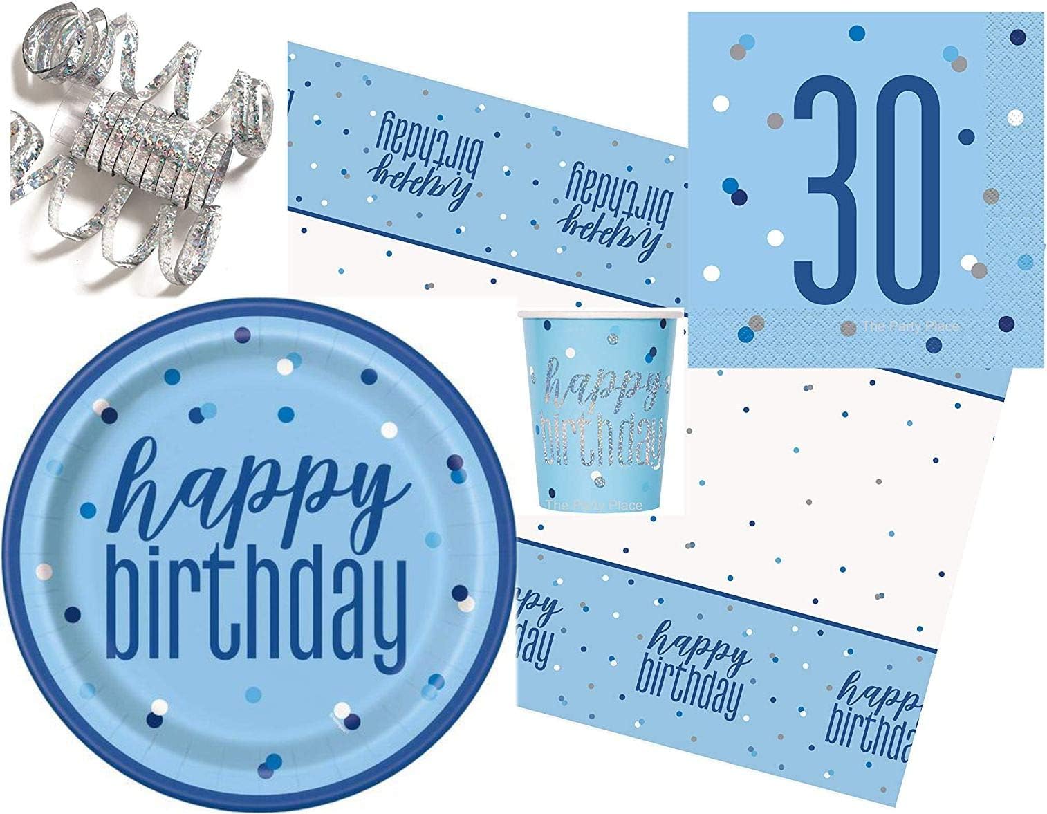 Blue Glitz 30th Birthday Party Tableware Pack for 16