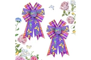 Hying 2 Pieces Spring Flowers Bows for Wreath, Spring Butterfly Wreath Bows Wedding Craft Bows Purple Pink Burlap Farmhouse Bows for Front Door Spring Birthday Party Decorations Supplies