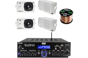 ENROCK MARINE Pyle PDA65BU Compact Home Theater Bluetooth Stereo Receiver, 4X Pyle 3.5'' 200 Watt 3-Way Weather Proof Mini Box Speaker System (White), Enrock Audio 16-Gauge 50 Foot Speaker Wire