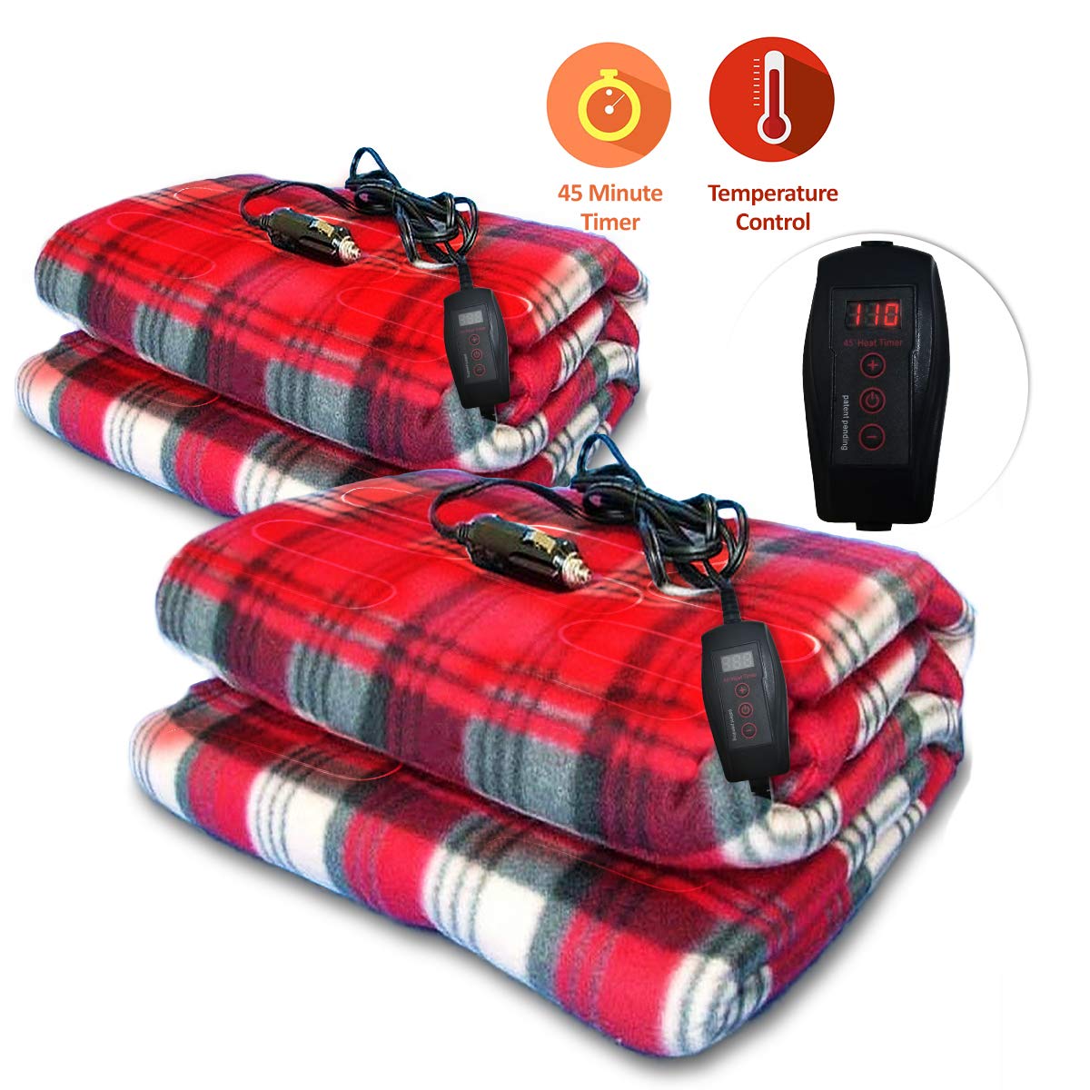 Zone Tech 2x Car Heated Fleece Red Plaid Travel Electric Blanket 45 Min