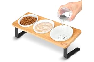 COMESOON 3 Elevated Cat Bowls Tilted Anti Vomiting Ceramic Raised Cat Food Bowls for Food and Water, Cat Dishes for Indoor Cats with Non-Slip Stand & Bamboo Board, Dishwasher Safe - 1 Step Assemble