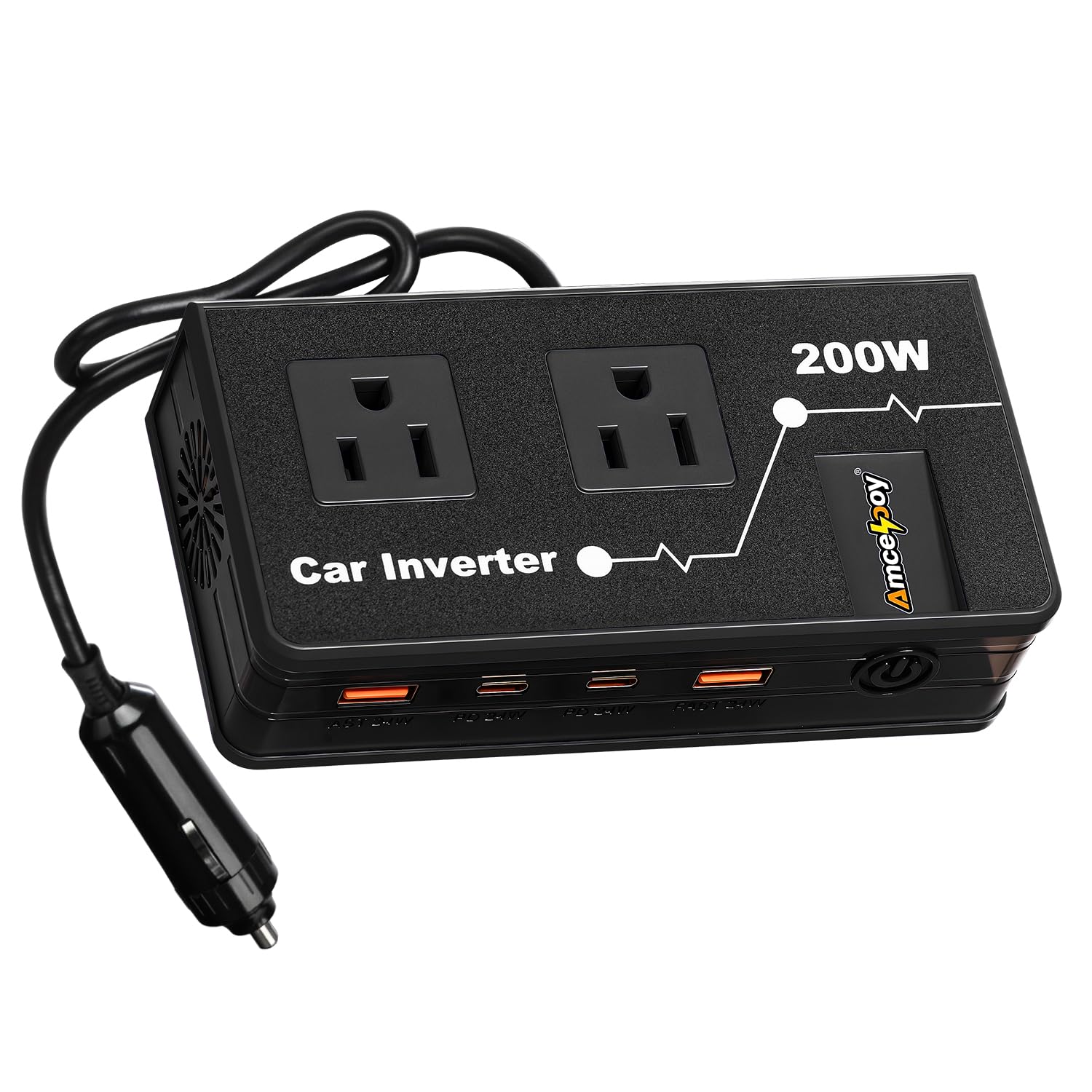 Photo 1 of 200W Car Power Inverter, Amcelooy Dual DC 12V to 110V AC Car Outlet Adapter to Wall Plug, Fast Charging 24W USB-C & USB Ports,Car Charger Cigarette Lighter Adapter for Phone,Laptop on Road Trip(Black)